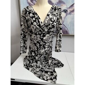 Lauren Ralph Lauren Size 2 Black White Floral V-Neck 3/4 Sleeve Midi‎ Dress